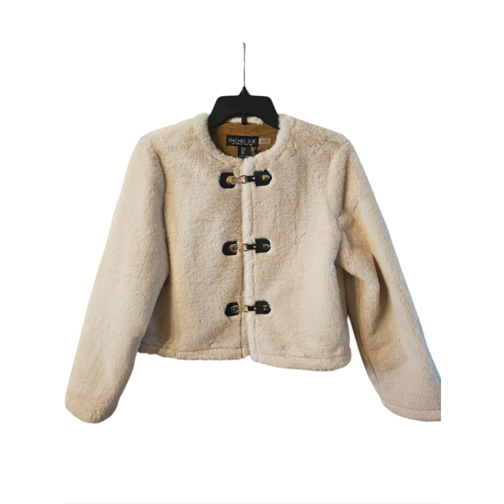 Rachel Zoe Cropped Fur Cream Jacket Metal Toggle Closure Boho Glam Small NWT